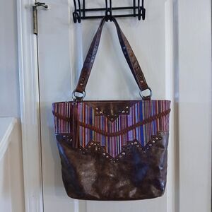 Western Brown Leather Tote Bag Colorful Stripes Braided & Studded Accents Boho